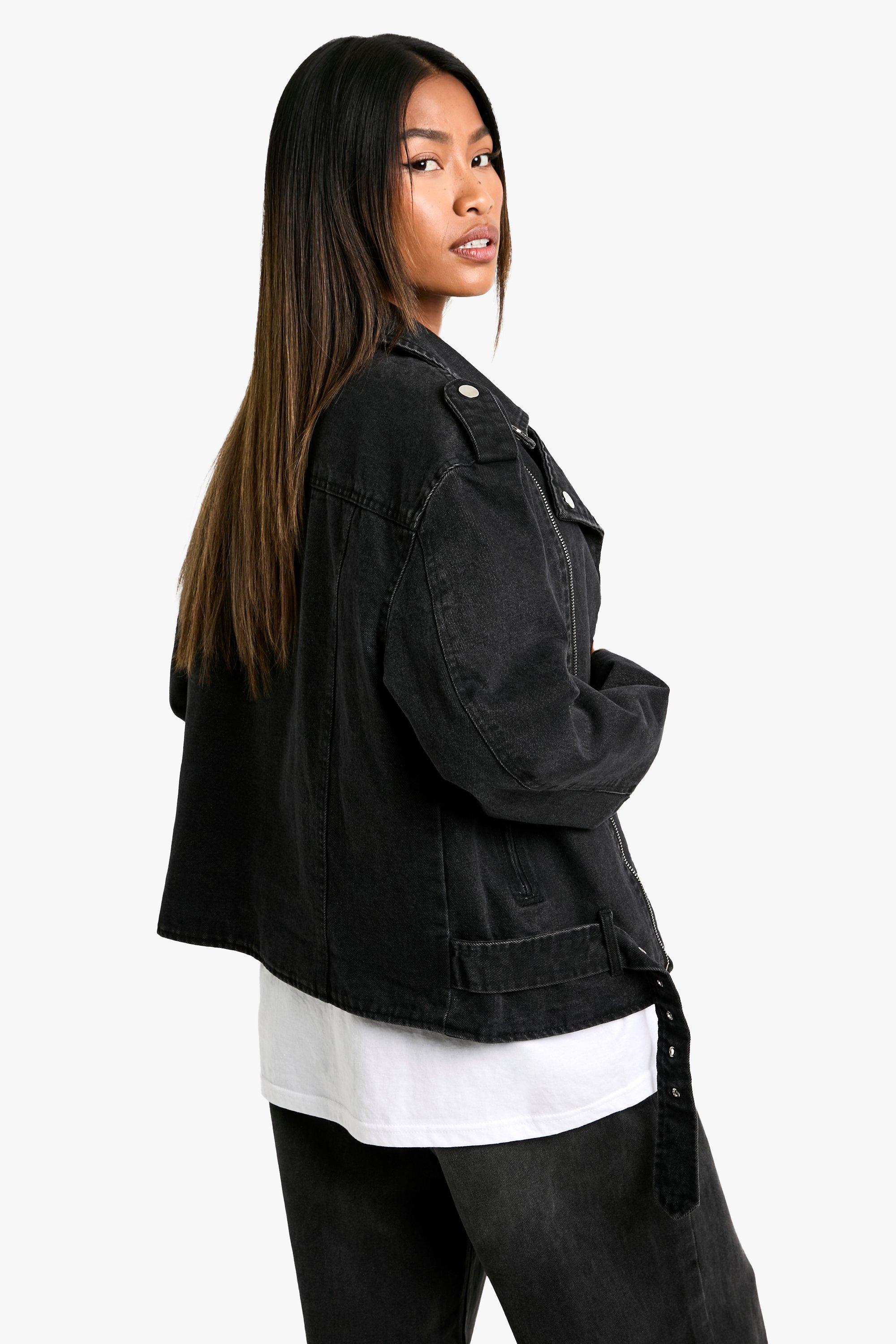 Belted Denim Biker Jacket | boohoo